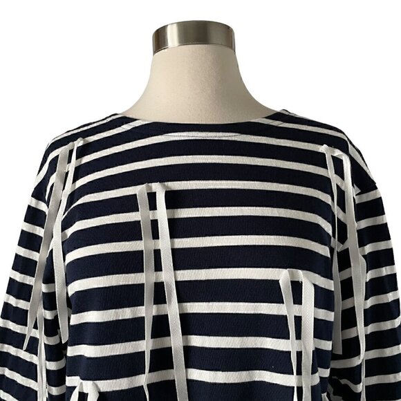 Goen.J Ribbon Stripe Top Small Navy White Oversized Cotton Blouse - Picture 3 of 8